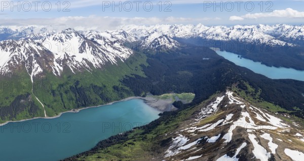 View of mountain landscape with turquoise blue fjord Sadie Cove and Tutka Bay, aerial view, Grace Ridge, Kachemak Bay State Park, Kenai Peninsula, Alaska, USA