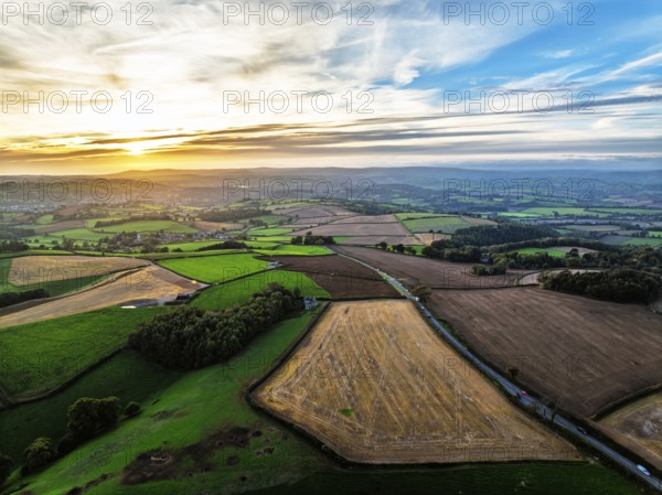 Colours of Devon Farms and Fields over Berry Pomeroy from a drone, Totnes, England, United Kingdom
