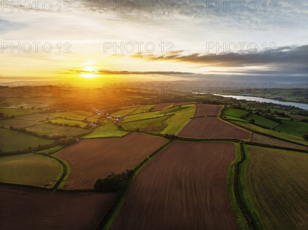 Colours of autumn Fields and Farms over Sheldon from a drone, Torbay, Devon, England, United Kingdom