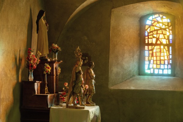 Saint Hilaire village. Natural regional park of Livradois Forez. Interior of Roman church Saint-Hilaire, Haute Loire. Auvergne Rhone Alpes. France