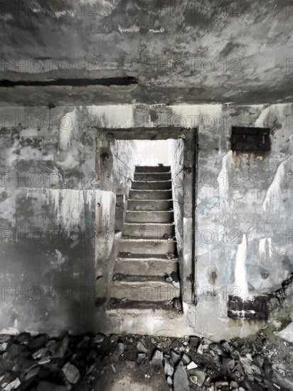 Old Wehrmacht anti-aircraft bunker from the Second World War with worn stairs in a dilapidated, dark environment, Båtsfjord, Finnmark, Norway