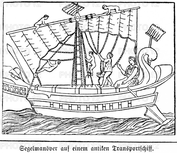 Sailing manoeuvres on an antique transport ship, central mast with wind vane, naked men setting sail, ropes, skipper with control blade, instructions, wooden construction, swan as stern figure, at sea, historical illustration 19th century