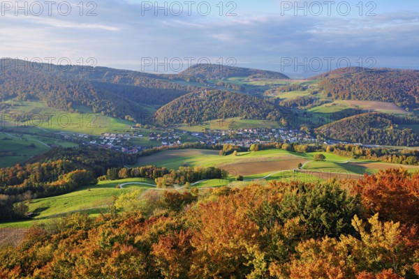 View from the Gisliflue of an autumnal forest with the Jura foothills behind, Talheim, Canton, Aargau, Switzerland
