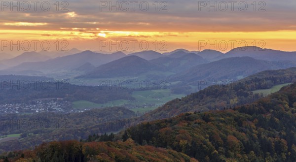 View of an autumnal forest from the Gisliflue, behind the Jurassic foothills in the light of the setting sun, Talheim, Canton, Aargau, Switzerland