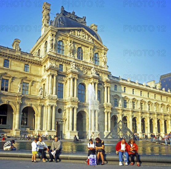 Entrance area, people, fountain, Louvre, Paris, France, September 1998, vintage, retro, old, historic