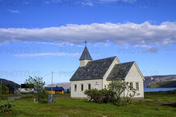 Nordfjord church on Ytre Syltefjord in natural, peaceful surroundings, Nordfjord, Båtsfjord, Finnmark, Norway