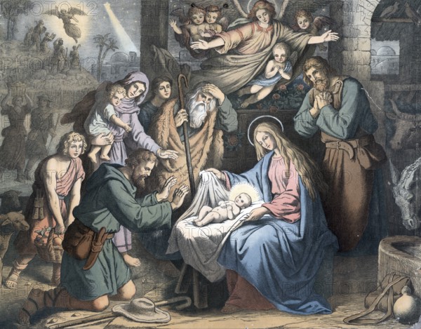 Scene from the biblical story, The Birth of Jesus, authentic reproduction of a school mural, historical, around 1900