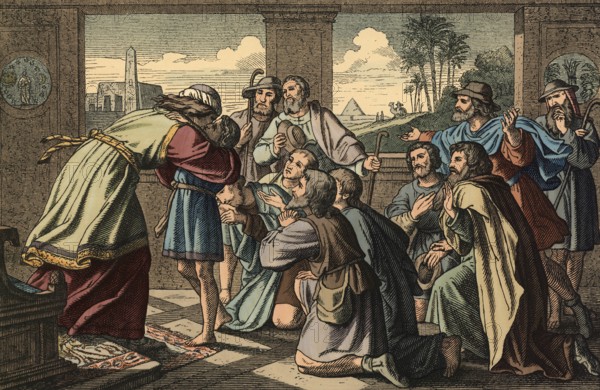 Scene from the biblical story, Joseph reveals himself to his brothers, authentic reproduction of a school mural, historical, around 1900