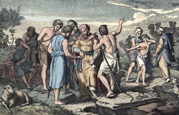 Scene from the biblical story, Joseph is sold as a slave to Egypt by his jealous brothers after they throw him into a cistern because he was their father Jacob's favorite son, authentic reproduction of a school mural, historical, around 1900