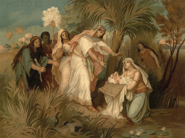 Scene from the biblical story, Moses as a baby is found by the pharaoh's daughter in a reed basket on the Nile, authentic reproduction of a school mural, historical, around 1900