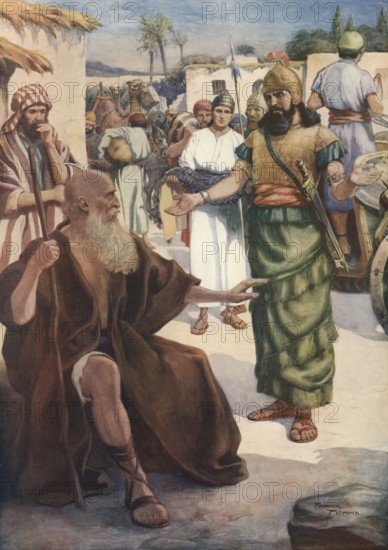 Scene from the biblical story, The Story of Naaman and Elisha, Elisha is about how Naaman, a Syrian military leader with leprosy, is cured by the prophet Elisha, authentic reproduction of a school mural, historical, around 1900