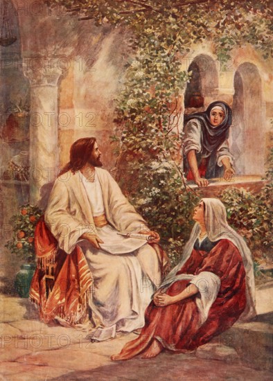 Scene from the biblical story, Mary and Martha, two sisters from Bethany who were close friends with Jesus, authentic reproduction of a school wall painting, historical, around 1900