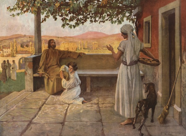 Scene from the biblical story, Mary and Martha, two sisters from Bethany who were close friends with Jesus, authentic reproduction of a school wall painting, historical, around 1900
