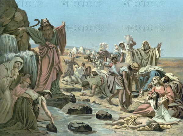 Scene from the biblical story, Moses knocks water out of the rock, a central miracle in the Old Testament, in which the thirsty Israelite tribe in the desert is saved by God's direction by Moses hitting a rock with his staff and letting life-giving water spring out, authentic reproduction of a school mural, historic, around 1900