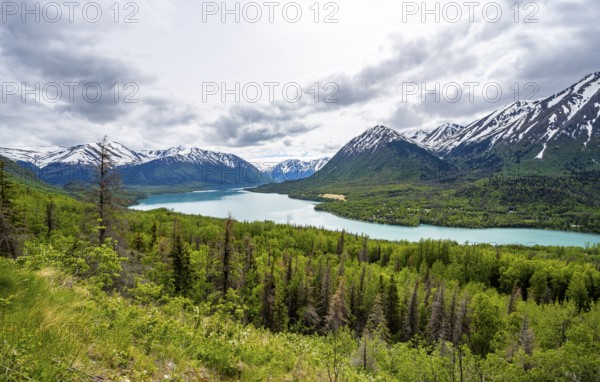 View of snowy mountains in spring and turquoise blue Kenai Lake, Slaughter Ridge Trail, Cooper Landing, Kenai Peninsula, Alaska, USA