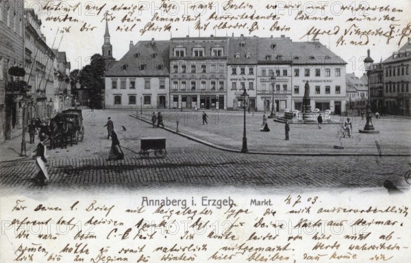 Annaberg in Saxony, town in the Ore Mountains, Erzgebirgskreis, Saxony, postcard, view around 1900 - 1910, historical, digital reproduction of a historical postcard, authentic, public domain, from that time, exact date unknown