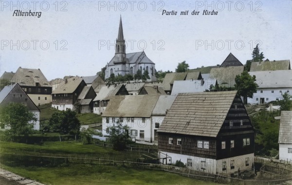 Altenberg in the Ore Mountains, town and church, today Saxon Switzerland-Eastern Ore Mountains district, Saxony, Germany, postcard, view around 1900 - 1910, historical, digital reproduction of a historical postcard, authentic, public domain, from that time, exact date unknown