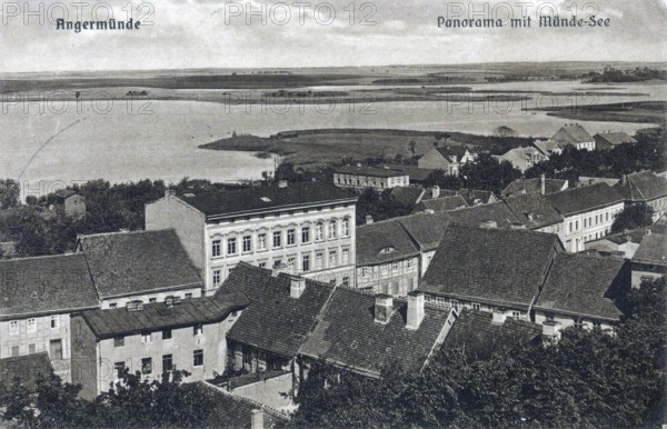 Angermünde, panorama with Münde-See, Uckermark district in the state of Brandenburg, Germany, postcard, view around 1900 - 1910, historical, digital reproduction of a historical postcard, authentic, public domain, from that time, exact date unknown