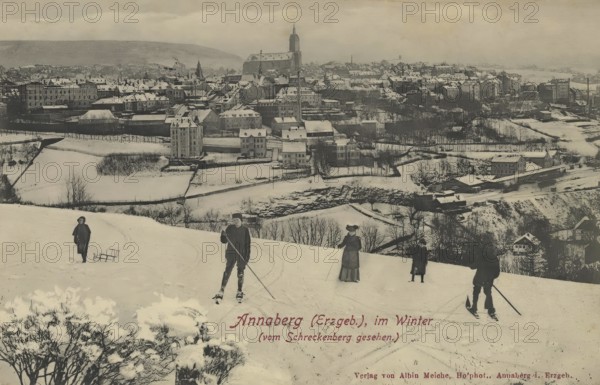 Annaberg in the Ore Mountains in winter, Saxony, town in the Ore Mountains, Erzgebirgskreis, postcard, view around 1900 - 1910, historical, digital reproduction of a historical postcard, authentic, public domain, from that time, exact date unknown
