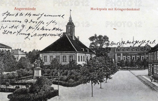 Angermünde, market square, district of Uckermark in the state of Brandenburg, Germany, postcard, view around 1900 - 1910, historical, digital reproduction of a historical postcard, authentic, public domain, from that time, exact date unknown