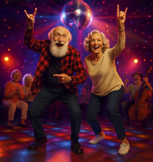 Two mobile seniors, an old man and an old woman dance enthusiastically to fast music, symbolic image, cheerful, joie de vivre in old age, fun, leisure, disco, listening to music, satisfied, happy, AI-generated, AI-generated, AI generated