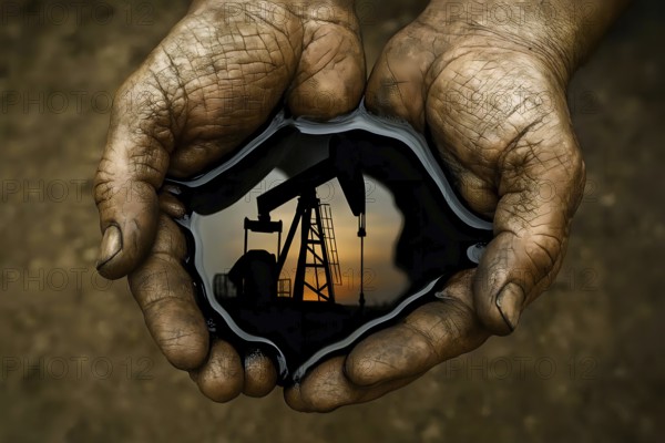 Two hands scoop oil, it reflects a drilling rig, production tower, symbolic image of energy, crude oil, fossil fuels, polluting the environment, energy transition, climate, climate protection, climate disaster, AI generated, AI generated