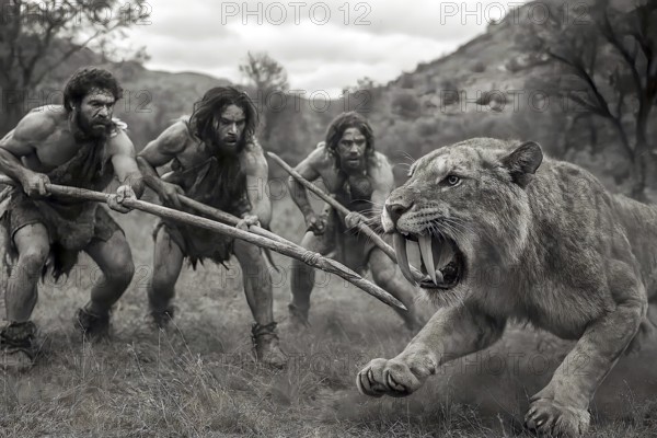 A sabre-toothed tiger, sabre-toothed cat, Smilodon (Machairodontinae) is attacked by prehistoric hunters with spears, symbolic image predator, prehistoric, extinct, animal portrait, Pleistocene, AI generated, AI generated