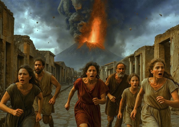 People are running for their lives, the fall of the Roman city of Pompeii in 79 AD due to an eruption of the volcano Vesuvius, symbol Roman Empire, antiquity, Herculaneum, volcanic eruption, disaster, history, natural disaster, lava, fire, ash, ash, rain, eruption, ruins, destruction, historic, UNESCO site, UNESCO World Heritage, AI generated, AI generated