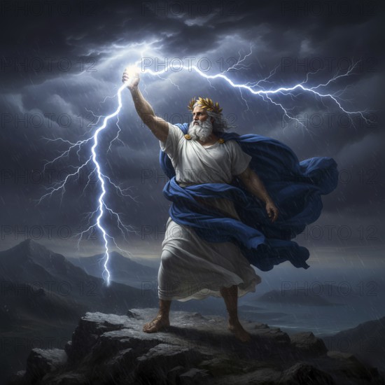 The father of the gods Zeus hurls lightning out of his hand from Olympus, symbolic image Greek mythology, antiquity, god, deity, Jupiter, Roman, legend, AI generated, AI generated