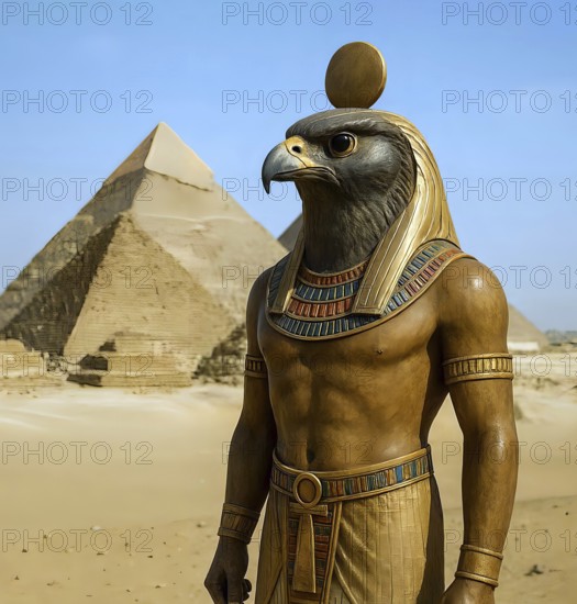 Horus with the falcon head, Egyptian god, sun god in front of the pyramids of Giza, symbolic image deity, sky god, guardian god, Isis, Osiris, religion, Egyptian empire, mythology, Egypt, antiquity, symbol, pharaoh, AI generated, AI generated