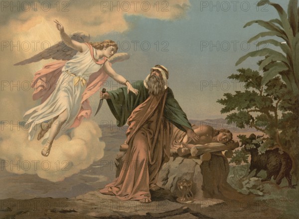 Scene from the biblical story, God asks Abraham to sacrifice his beloved son Isaac on Mount Moriah to test his faith, at the last moment Abraham is held back by an angel and a ram is sacrificed in his place, authentic reproduction of a school mural, historical, around 1900
