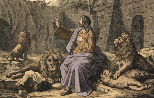 Scene from the biblical story, Daniel in the lion's den, well-known biblical story in which the prophet Daniel is slandered by envious court officials and thrown into a pit with hungry lions as punishment for continuing to pray to his god, authentic reproduction of a school mural, historical, around 1900