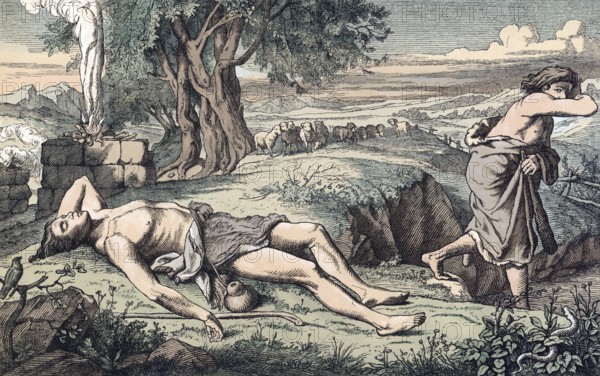 Scene from the biblical story, Cain and Abel, a central story from Genesis, the Bible, in which the farmer Cain kills his brother Abel, a shepherd, out of jealousy, authentic reproduction of a school mural, historical, around 1900