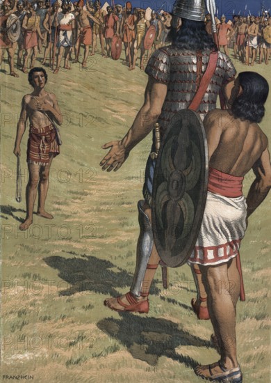 Scene from the biblical story, The story of David and Goliath is from the Old Testament of the Bible and describes the unlikely victory of a young shepherd over a huge warrior, authentic reproduction of a school mural, historical, around 1900