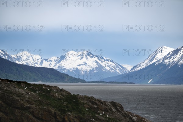 View over the Turnagain Arm estuary to the mountains of the Kenai Peninsula, Anchorage, Alaska, USA