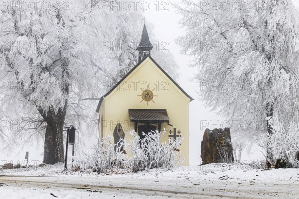 Schoenstatt Chapel Ennabeuren with hoarfrost in winter. Tourist attraction in the Swabian Jura. Heroldstatt, Baden-Württemberg, Germany