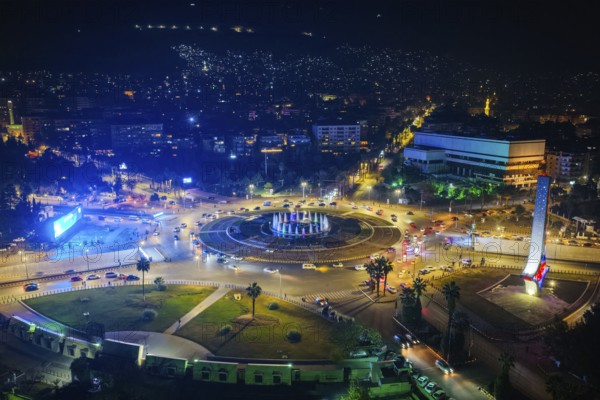 In Damascus, Syria, on December 29, 2025, nighttime drone footage shows the Syrian capital fully illuminated, capturing city lights and urban landscapes as the year comes to an end, Damascus, Damascus, Syria