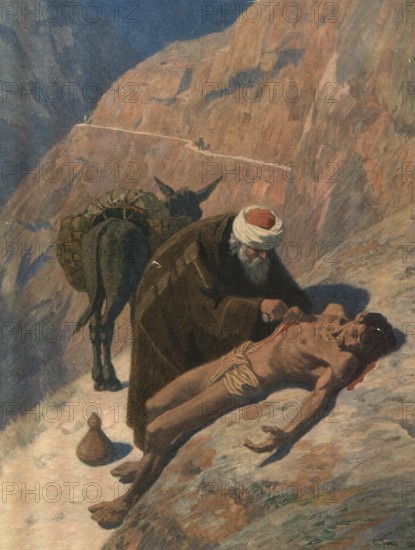 Scene from the biblical story, The Parable of the Good Samaritan is one of the most famous stories of Jesus in the New Testament, authentic reproduction of a school mural, historical, around 1900
