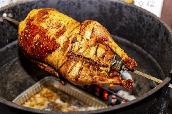 Christmas goose is grilled on a kettle grill. Münsingen, Baden-Württemberg, Germany