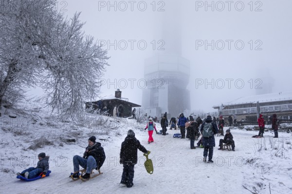 After the snowfall of the last few days, many people have come to the Großer Feldberg in the Taunus (Hesse) to go sledging, Großer Feldberg im Taunus, Schmitten, Hesse, Germany