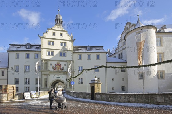 Portal of the Teutonic Order Castle in winter with snow, Castle, Bad Mergentheim, Tauber Franconia, Baden-Württemberg, Germany