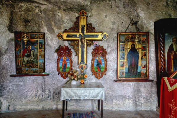 Bulgarian Orthodox Rock cave Monastery of Saint Dimitar Basarbowski, Cave chapel, Basarbovo, Rousse, Bulgaria