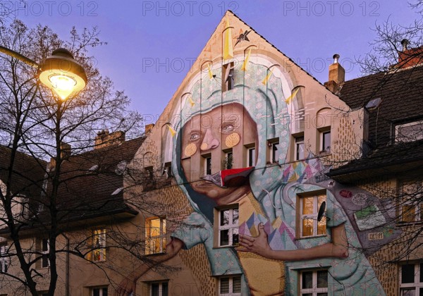 Kiefernstraße, residential street of the left-wing alternative scene with street art on house facades in the morning, Düsseldorf, North Rhine-Westphalia, Germany