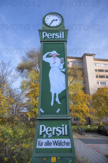 The persil clock, neon sign for the company Henkel, this historic persil clock was given away to cities in the 1920s, Fürth, Middle Franconia, Bavaria, Germany