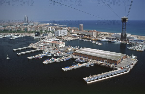 View from cable car to harbour and Torre Sant Sebastiá, Barcelona, Spain, June 1999, vintage, retro, old, historic
