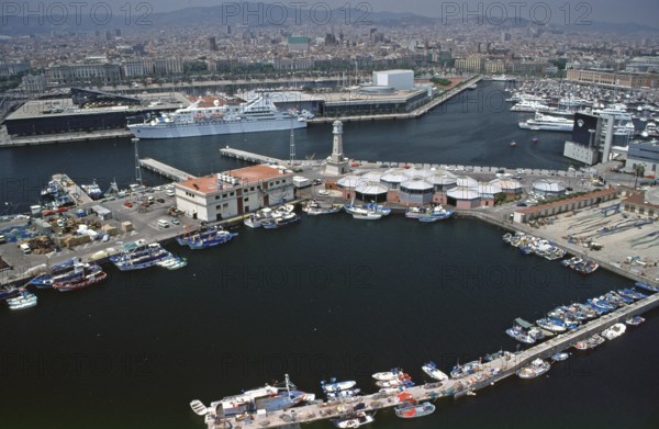 View from cable car to harbor, cruise ship, Barcelona, Spain, June 1999, vintage, retro, old, historic