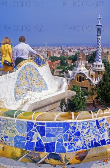 Ceramic benches, Parc Güell, Barcelona, Spain, June 1999, vintage, retro, old, historic