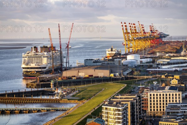 Disney Adventure cruise ship at Bremerhaven Cruise Port, MSC and Eurogate container terminal at Bremerhaven seaport, Eurogate container terminal with almost 50 container bridges, cranes, over a length of over 4 km at the mouth of the Weser, Bremerhaven, Bremen, Germany
