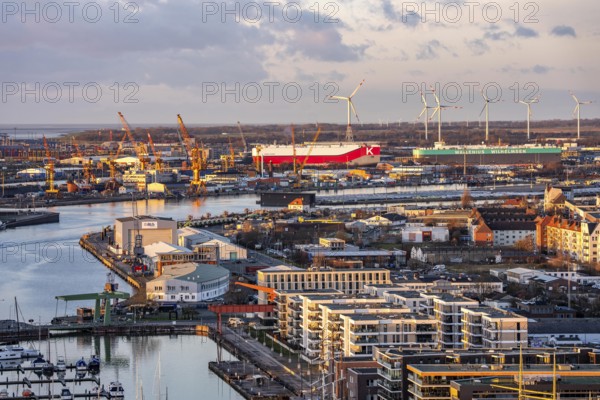 Overview of the overseas port with BLG Auto Terminal in Bremerhaven, Bremen, car transporter Aniara from shipping company Wallenius Wilhemsen, and Niagara Highway from shipping company K-Line, Germany