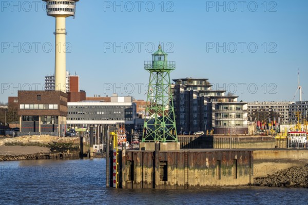 Skyline of Bremerhaven, seen across the Weser, lighthouse at the mouth of the Geeste, harbour of the Weserfäfhre, Seezeichen, Bremen, Germany